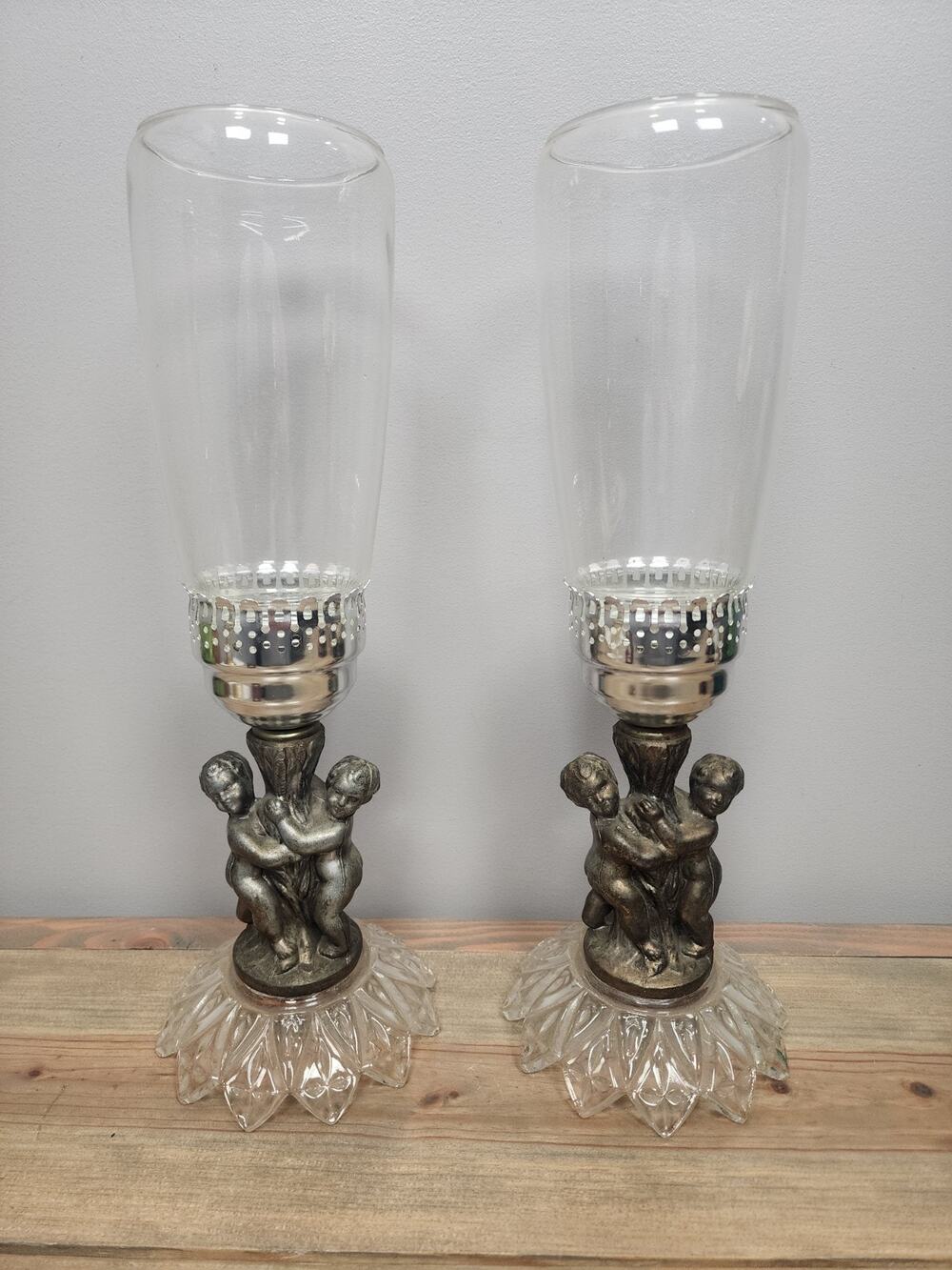 ANTIQUE RARE ANGELS CHERUB CANDLE HOLDERS GOLD TONE 16" Tall